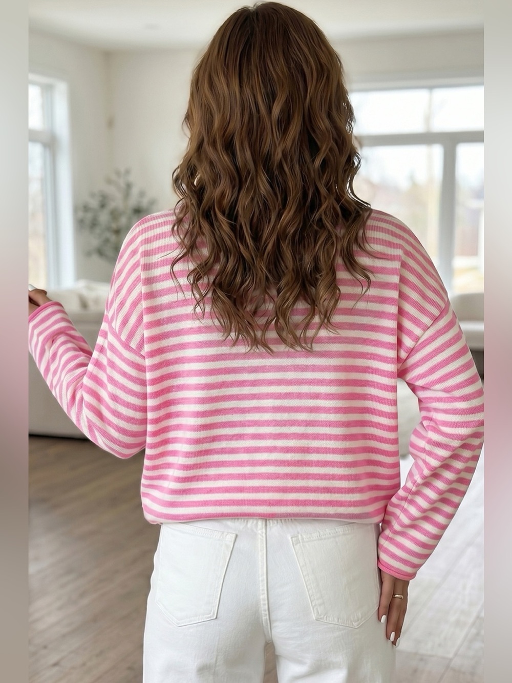 Striped Button Placket Drop Shoulder Long Sleeve Sweater - Picture 2 of 16